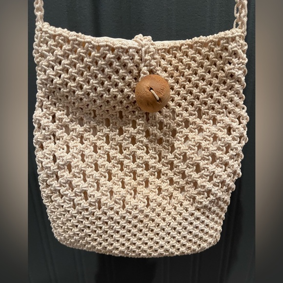 Handbags - Handmade woven purse cream color wooden button hippie boho bag crochet women